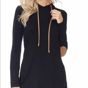 Black hooded pullover with suede patch sleeves